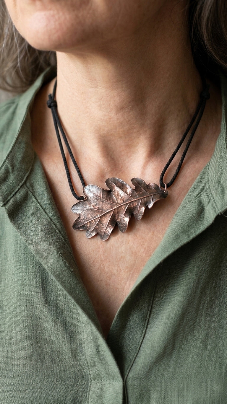 Colgante de cobre con hoja real de roble - Joyería botánica electroformada
